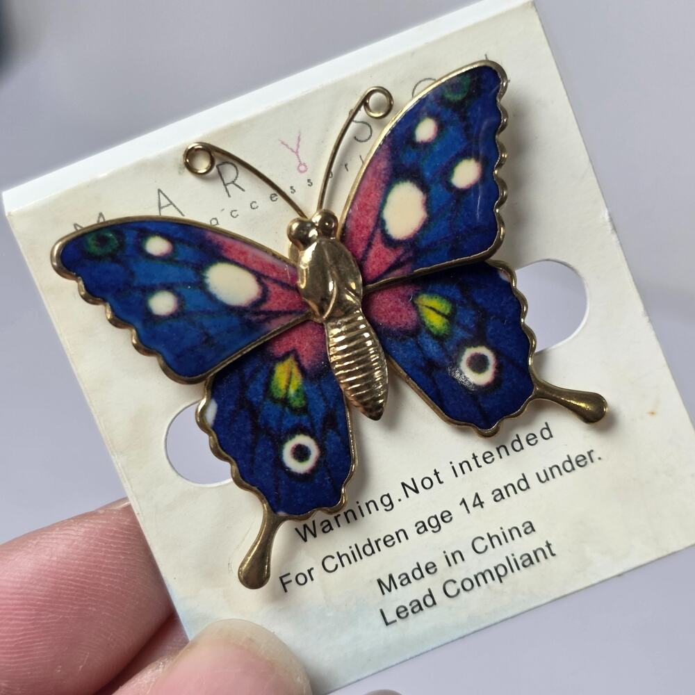 Vintage Brooch Butterfly Colorful Purple White Blue Black Resin Gold Tone